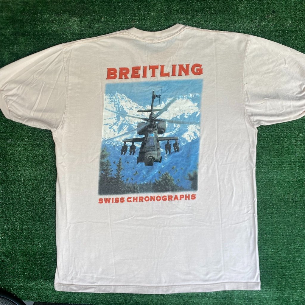 Vintage 90s Breitling Helicopter T-Shirt Military Aviation Swiss Beige Xl Grunge